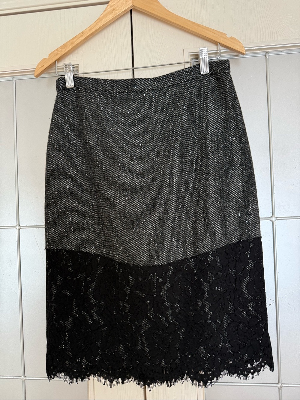 J. Crew Gray and Black Lace Trim Pencil Skirt